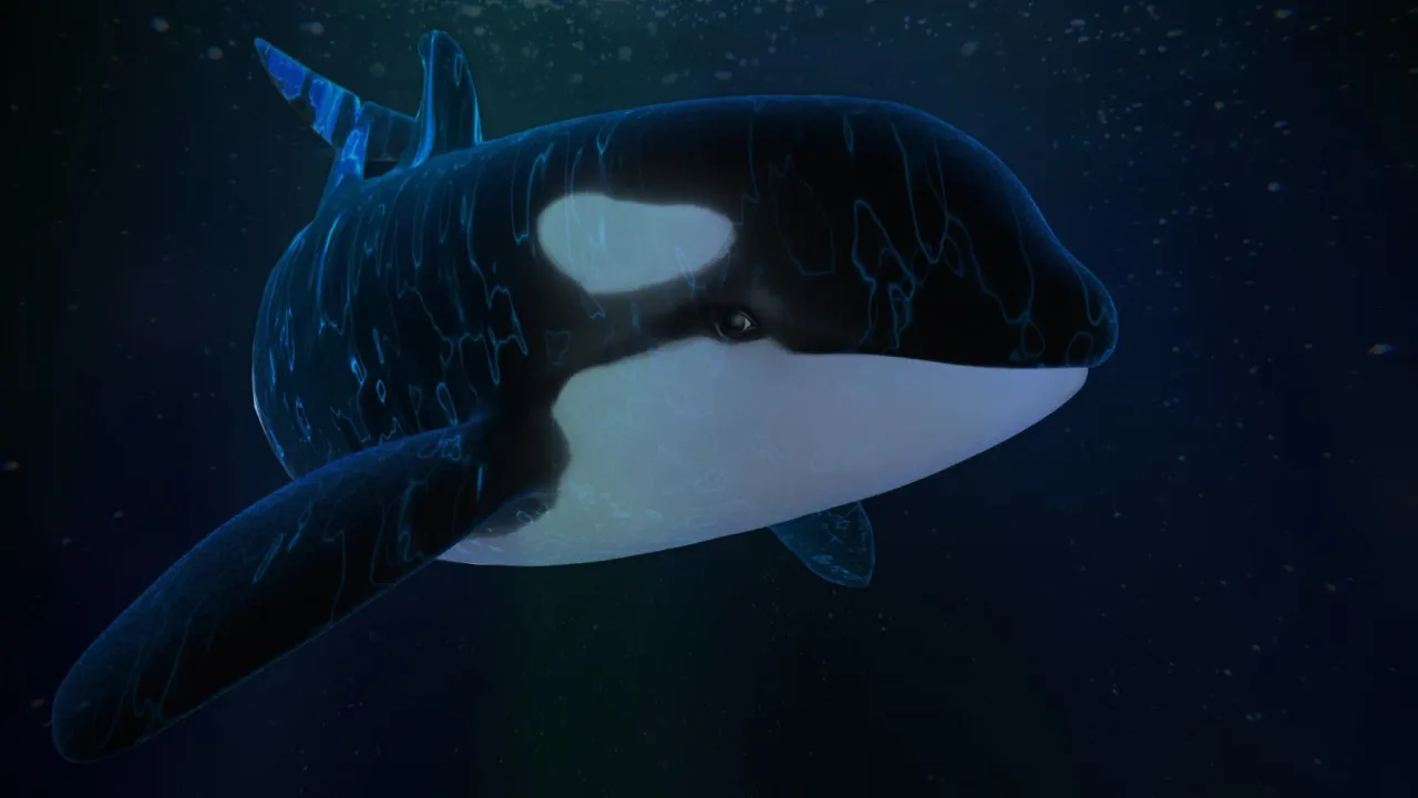 A luminous holographic orca swims through the dark blue world of Critical Distance