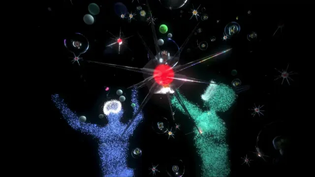Colourful microscopic sea creatures surround a glowing centre in Drop in the Ocean