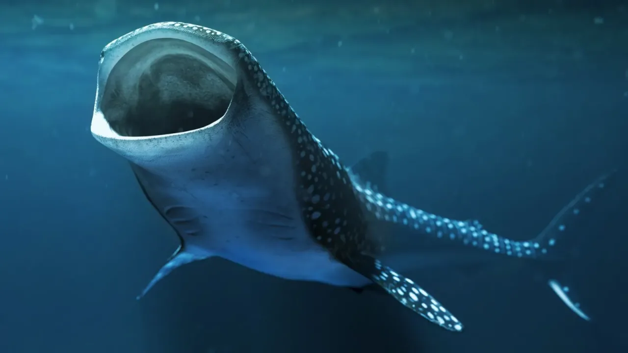 A whale shark glides through sunlit blue water in Drop in the Ocean