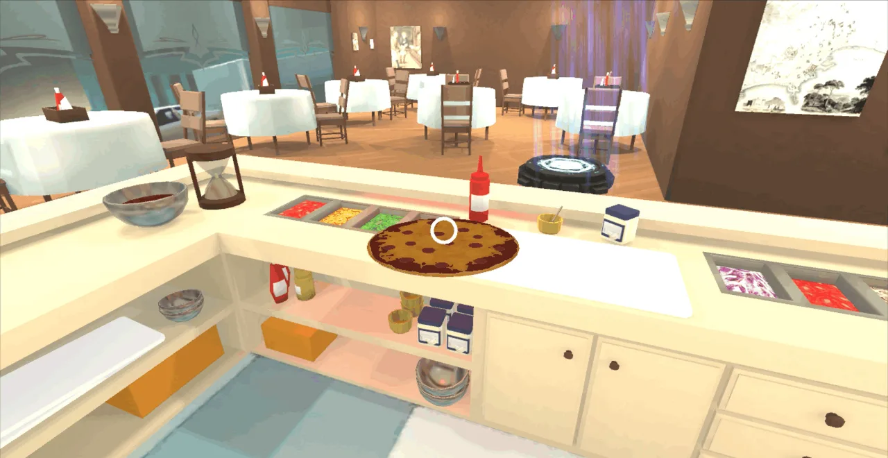 A pizza-making counter with ingredients and a fresh pizza in a bright virtual restaurant