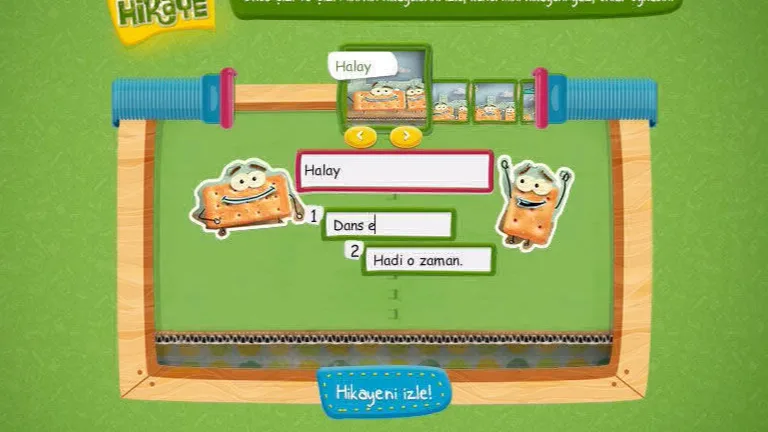 The colourful Çizi Mini Hikaye story creator, with illustrated characters and a stage for writing a short story