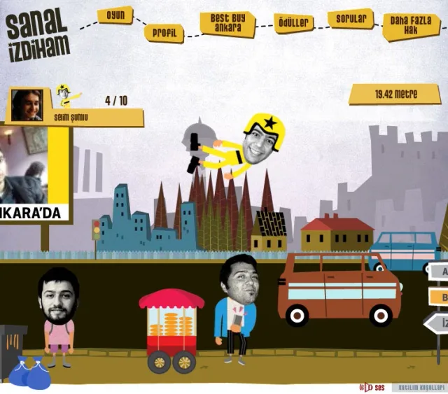 Original Virtual Stampede gameplay artwork, with a yellow-clad jumping character and illustrated shoppers on a city street