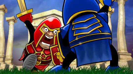 Red and blue armoured knights facing off in the colourful artwork for Sword by Sword
